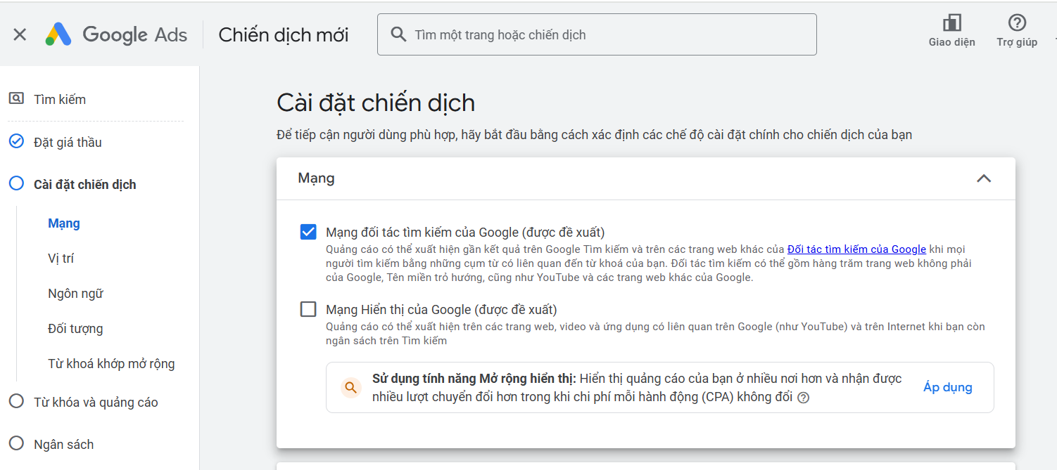 cài đặt chiến dịch google ads