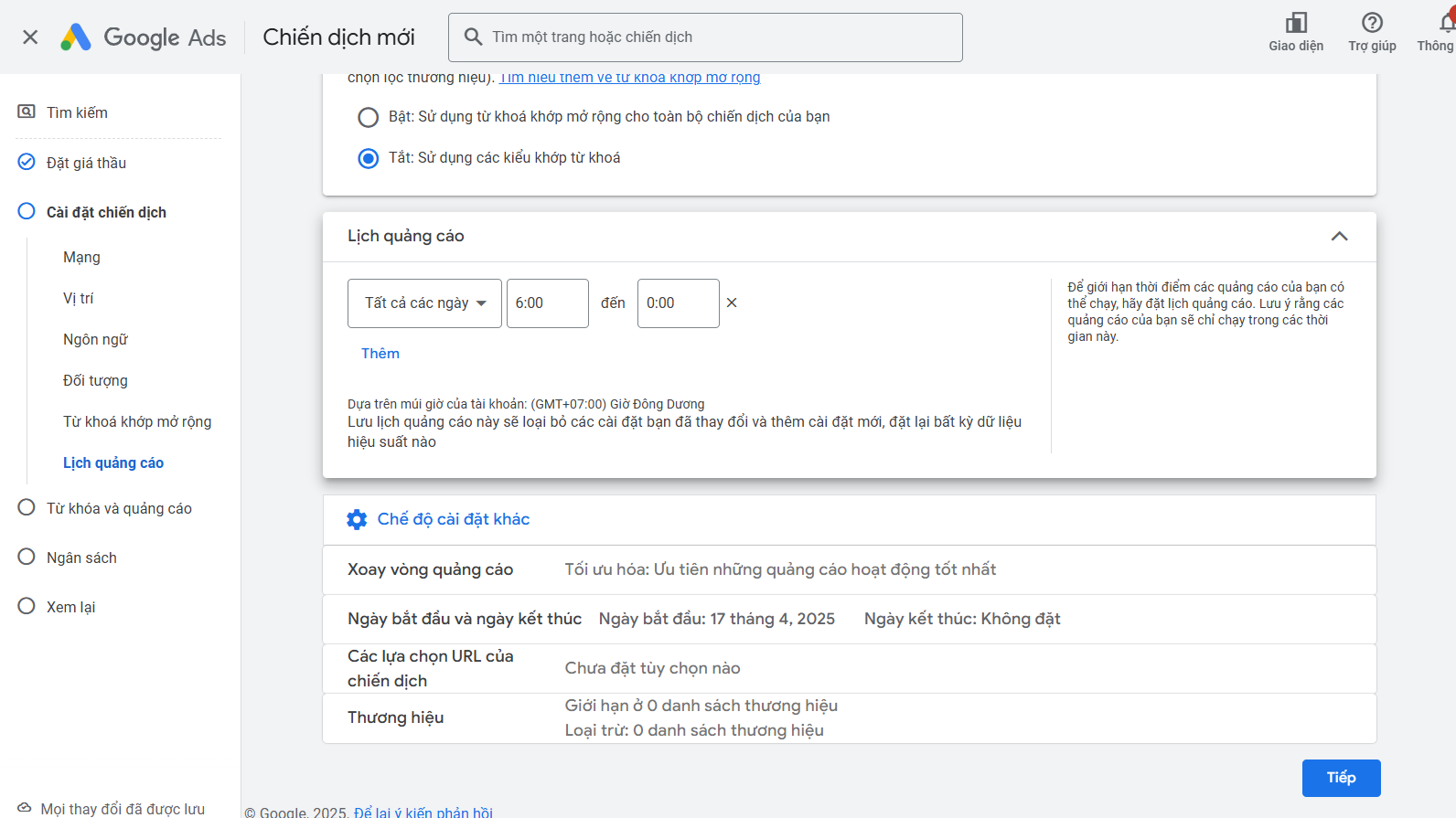 chế độ cài đặt khác Google Ads