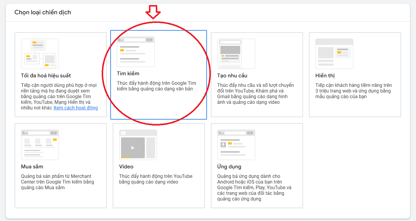 loại chiến dịch tìm kiếm google ads