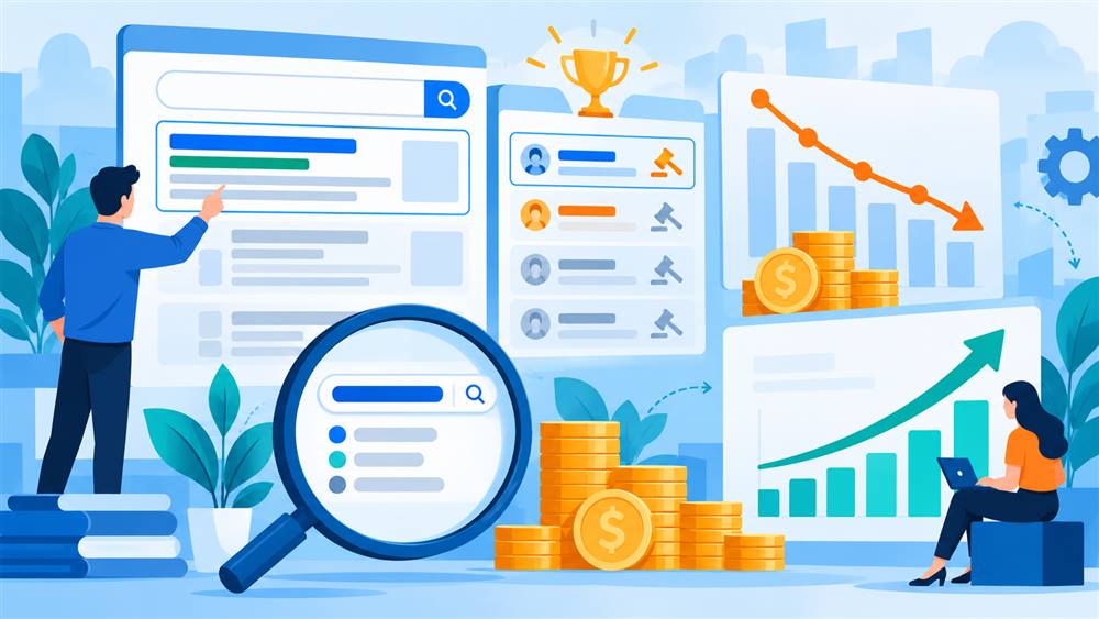 Minh họa CPC Google Ads, chi phí lượt nhấp và biểu đồ tăng chuyển đổi